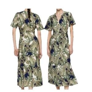 MANGO MNG Green/Navy Paisley wrap Dress Bow Tie Short Sleeve Midi Sz 6